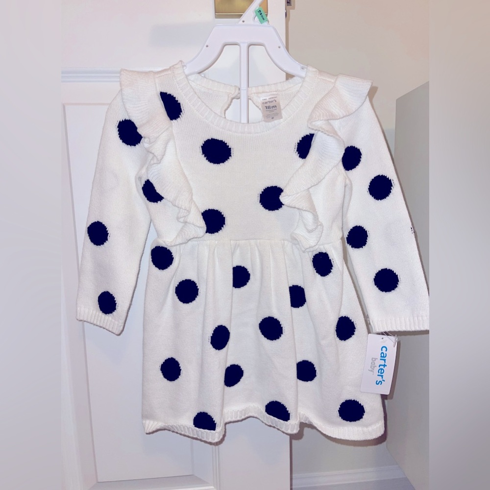 100% Cotton White Sweater Dress with Black Polka Dots - Size 18 Months